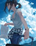 aspara bangs blue_sky clothes_around_waist cloud cloudy_sky commentary_request day denim eyebrows_visible_through_hair fashion from_side highres holding jeans long_hair luggage map map_(object) original outdoors pants parted_lips ponytail short_sleeves sidelocks sky solo standing sweater_around_waist watch wind wristwatch 