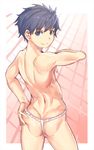 ass blue_eyes blue_hair contrapposto from_behind fundoshi hand_on_hip idolmaster idolmaster_side-m japanese_clothes looking_at_viewer looking_back male_focus outside_border r-744 rokushaku_fundoshi smile solo standing taiga_takeru toned 