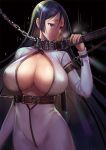  1girl alternate_costume bangs bdsm belt bodysuit bondage bound breasts center_opening chains cleavage closed_mouth collar commentary_request erect_nipples fate/grand_order fate_(series) holding huge_breasts long_hair looking_to_the_side minamoto_no_raikou_(fate/grand_order) parted_bangs purple_eyes restraints skin_tight slave very_long_hair white_bodysuit zjsstc 