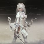  3d blue_eyes boots breasts bridal_veil cleavage cleavage_cutout dress feather-trimmed_sleeves gloves hair_over_one_eye highres leslyzerosix long_sleeves medium_breasts mole mole_under_mouth nier_(series) nier_automata no_blindfold short_hair solo thigh_boots thighhighs veil white_dress white_hair white_legwear yorha_no._2_type_b 