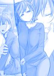  ai-chan_(tawawa) belt blue braid breasts casual commentary d: denim earrings getsuyoubi_no_tawawa girl_on_top himura_kiseki hug jeans jewelry large_breasts long_sleeves looking_at_viewer monochrome open_mouth pants ribbed_sweater short_hair side_braid squiggle sweatdrop sweater translated 