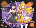  ahoge bear black_hair blake_belladonna blonde_hair bow breasts cat_tail check_commentary cleavage commentary_request fang goldilocks goldilocks_and_the_three_bears hair_bow halloween halloween_costume iesupa looking_at_viewer medium_breasts multiple_girls prosthesis prosthetic_arm pumpkin purple_eyes rwby scrunchie stuffed_animal stuffed_toy tail teddy_bear thighhighs white_scrunchie yang_xiao_long yellow_eyes 