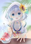  :d bad_id bad_pixiv_id bare_shoulders beach blue_eyes blue_sky blush braid breasts chocolate cleavage collarbone commentary day eyebrows_visible_through_hair feeding fingernails flower hair_between_eyes hair_over_shoulder halter_top halterneck head_tilt hiyuki-chan holding holding_spoon hood hood_up jacket long_hair long_sleeves looking_at_viewer ocean off_shoulder open_mouth outdoors pov_feeding ribbon shaved_ice shiiba_nae silver_hair single_braid sky small_breasts smile solo sound_voltex spoon sunflower table tareme translated white_bikini_top white_hood white_jacket white_neckwear yellow_ribbon 