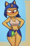  2017 animal_crossing ankha anthro bandage bikini blue_hair blush breasts cat cleavage clothed clothing digital_media_(artwork) egyptian embarrassed eyelashes feline female frown fur hair hands_on_hips looking_aside makeup mammal micro_bikini navel nintendo pose solo standing swimsuit thingshappen thong video_games yellow_fur 