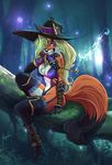  angie_(magolobo) blonde_hair boots breasts canine clothing female footwear fox garter_belt garter_straps green_eyes hair hat heeled invalid_tag magic_user magolobo mammal piercing smile solo tree witch witch_hat 