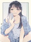  bangs black_hair blue_eyes blush cellphone collarbone commentary_request grin hand_up long_hair looking_at_viewer loungewear mosuko original parted_lips phone sidelocks sitting smartphone smile solo swept_bangs tareme thighs 