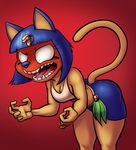  2017 5_fingers angry animal_crossing ankha anthro bandage blue_hair breasts cat cleavage clothed clothing digital_media_(artwork) egyptian eyelashes feline female fur hair leaning leaning_forward makeup mammal nintendo open_mouth pangs raised_tail red_face standing swimsuit teeth thingshappen video_games yellow_fur 