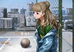  artist_name bangs basketball basketball_court blue_jacket blunt_bangs braid braided_bun brown_hair chain-link_fence city day ductwork earbuds earphones fence from_side green_shirt hair_bun idolmaster idolmaster_cinderella_girls infukun jacket kamiya_nao long_hair looking_away open_clothes open_jacket outdoors red_eyes rooftop serious shirt signature solo time 