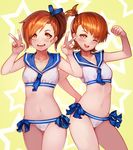  :d ;d bangs brown_eyes brown_hair double_v futami_ami futami_mami hair_bobbles hair_ornament hand_on_hip highres idolmaster idolmaster_(classic) kibellin looking_at_viewer multiple_girls navel one_eye_closed open_mouth sailor_swimsuit_(idolmaster) siblings side_ponytail sisters smile twins v 