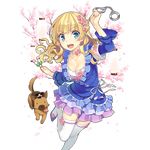  :d amelie_mcgregor armband bangs blonde_hair blue_dress blue_eyes braid breasts cherry_blossoms choker cleavage cuffs dog dress eyebrows_visible_through_hair flower food french_braid frilled_dress frills hair_flower hair_ornament hat lantern long_hair looking_at_viewer medium_breasts mmu official_art open_mouth police_hat smile solo standing standing_on_one_leg thighhighs transparent_background uchi_no_hime-sama_ga_ichiban_kawaii v-shaped_eyebrows wavy_hair white_legwear zettai_ryouiki 