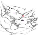 ambiguous_gender anthro bed bed_sheet bedding biceps dragon horn hug kissing love lying on_bed romantic size_difference sketch smile thelavenderwolf under_covers 