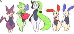  2016 anthro blue_eyes cat clothing feline female flora_fauna frown green_hair group hair hi_res humanoid immortalstar legendary_pok&eacute;mon mammal meloetta minun mouse nintendo one-piece_swimsuit one_eye_closed plant plusle pok&eacute;mon purrloin rodent roselia semi-anthro simple_background smile swimsuit video_games white_background wink 