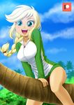  1girl applejack blonde_hair braid breasts freckles green_eyes hoodie jacket large_breasts my_little_pony my_little_pony_equestria_girls my_little_pony_friendship_is_magic orange_skin personification ponytail solo swimsuit uotapo 
