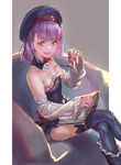  absurdres asymmetrical_bangs bangs bare_shoulders beret book breasts chair commentary_request detached_sleeves eyebrows_visible_through_hair fate/grand_order fate_(series) frilled_sleeves frills glasses hair_between_eyes hat helena_blavatsky_(fate/grand_order) highres holding holding_eyewear looking_at_viewer open_book open_mouth rolua short_hair sitting small_breasts smile solo teeth thighhighs white_sleeves 