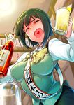  :d ^_^ ^o^ alcohol beer beer_mug blush bow closed_eyes commentary_request cup drunk green_hair heart heart_in_mouth highres holding holding_cup idolmaster idolmaster_(classic) mole mole_under_mouth momo_no_suidou-sui open_mouth otonashi_kotori restaurant sash short_hair smile solo 
