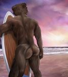  2016 anthro back_muscles beach brown_fur faceless_male fur holding_object killianwalker male mammal muscular mustelid nude otter sand seaside solo standing surfboard surfer water wave 