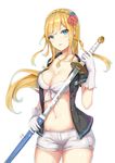  blonde_hair blue_eyes blush breasts cleavage collarbone eyebrows_visible_through_hair french_flag gloves highres holding holding_sheath holding_sword holding_weapon large_breasts long_hair looking_at_viewer navel parted_lips richelieu_(zhan_jian_shao_nyu) sheath solo sword unsheathing weapon white_gloves zhan_jian_shao_nyu zhudacaimiao 
