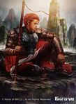  armor armored_boots boots cape circlet copyright_name facial_mark force_of_will kakotomirai male_focus mountain official_art red_eyes red_hair rock sitting sky solo staff sun_wukong_(force_of_will) 