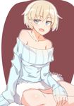  aqua_dress bangs bare_shoulders blonde_hair blue_eyes blush brave_witches brown_background collarbone dress eyebrows_visible_through_hair feet_out_of_frame fur_trim hand_on_own_leg long_sleeves looking_at_viewer looking_to_the_side nikka_edvardine_katajainen off_shoulder open_mouth short_hair simple_background sitting smile solo tilt-shift twitter_username world_witches_series 