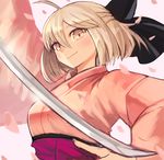  ahoge blonde_hair blush cherry_blossoms closed_mouth commentary fate_(series) hair_between_eyes hair_ribbon holding holding_sword holding_weapon japanese_clothes katana kimono koha-ace long_sleeves looking_at_viewer obi okita_souji_(fate) okita_souji_(fate)_(all) petals pink_kimono ribbon sash short_hair smile solo sookmo sword weapon yellow_eyes 