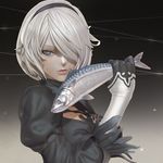  3d atlantic_mackerel bite_mark black_hairband blue_eyes cleavage_cutout feather-trimmed_sleeves fish gloves gradient gradient_background hairband leslyzerosix lips looking_at_viewer nier_(series) nier_automata no_blindfold parted_lips short_hair silver_hair solo white_hair yorha_no._2_type_b 
