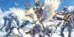  armor blue_sky boots breastplate commentary day dragon epic fantasy feathered_wings flying gauntlets helmet highres mecha original polearm red_scarf riding saddle scarf size_difference sky spear takayama_toshiaki thigh_boots thighhighs watermark weapon web_address wings 