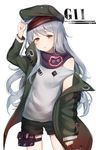  bangs black_shorts blush brown_eyes character_name coat cowboy_shot eyebrows_visible_through_hair flat_cap g11_(girls_frontline) girls_frontline grey_hair hat highres holster legs_apart long_hair looking_at_viewer messy_hair moffle_(ayabi) open_clothes open_coat parted_lips purple_scarf scarf short_shorts shorts simple_background sleeves_past_wrists solo thigh_holster thigh_strap very_long_hair white_background 