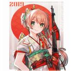  1girl 2019 commentary_request flat_chest girls_frontline gloves green_eyes gun hair_ornament hand_on_hip japanese_clothes kimono kky long_hair looking_at_viewer m1891_(girls_frontline) obi pink_hair red_gloves rifle sash short_sleeves smile solo upper_body weapon 