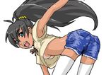  1girl armpits ass bent_over black_hair blush breasts fangs ganaha_hibiki idolmaster long_hair looking_at_viewer looking_back medium_breasts no_bra open_mouth ponytail shorts simple_background solo tan tanline thighhighs underboob upshirt white_background 