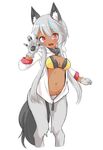  1girl animal_ears bottomless dark_skin fang female fur grey_hair hoodie midriff monster_girl navel nezumi_inu original pink_eyes simple_background solo tail white_background wolf_ears wolf_tail 