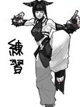  1girl bare_shoulders detached_sleeves drill_hair fighting_stance halter_top halterneck han_juri one_leg_raised sideboob solo spiked_bracelets street_fighter street_fighter_iv_(series) toned twin_drills 