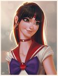  artist_name bishoujo_senshi_sailor_moon black_hair blurry bokeh bow bowtie brown_eyes choker closed_mouth commentary depth_of_field earrings eyelashes facial_mark forehead_mark hair_behind_ear highres hino_rei jewelry leandro_franci lips long_hair md5_mismatch nose purple_bow purple_neckwear red_choker red_neckwear red_skirt sailor_collar sailor_mars sailor_senshi_uniform school_uniform serafuku shirt skirt smile solo star star_choker star_earrings upper_body white_shirt 