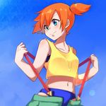  bare_arms bare_shoulders bikini bikini_under_clothes blue_bikini blue_eyes breasts closed_mouth collarbone crop_top crop_top_overhang cropped_shirt day gym_leader hands_up kasumi_(pokemon) kmchi lens_flare looking_to_the_side medium_breasts midriff navel orange_hair outdoors pokemon pokemon_(anime) pokemon_(classic_anime) pulled_by_self shirt short_hair side_ponytail sleeveless sleeveless_shirt smile solo stomach suspenders suspenders_pull swimsuit undressing unzipped upper_body 