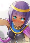  arm_up armpits bangs bent_over blue_eyes blunt_bangs blush bob_cut bracer breasts bright_pupils closed_mouth dark_skin egyptian egyptian_clothes eyebrows eyebrows_visible_through_hair eyes_visible_through_hair highres jewelry kashisu_mint leaning_forward looking_at_viewer medium_breasts menat navel navel_cutout necklace purple_hair short_hair simple_background smile solo street_fighter street_fighter_v tiara twitter_username unitard white_background white_pupils 
