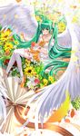  bouquet commentary_request flower full_body green_eyes green_hair happy_birthday hatsune_miku high_heels highres long_hair looking_at_viewer minigirl skirt smile solo swordsouls thighhighs twintails very_long_hair vocaloid white_legwear wings 