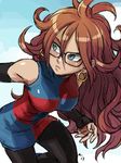  android_21 blue_eyes brown_hair commentary dragon_ball dragon_ball_fighterz earrings glasses jewelry long_hair mariel_cartwright pantyhose 