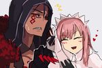  1girl blue_hair blush closed_eyes cu_chulainn_alter_(fate/grand_order) fate/grand_order fate_(series) grey_background heart hood i-pan lancer long_hair medb_(fate)_(all) medb_(fate/grand_order) middle_finger no_nose ok_sign open_mouth penetration_gesture pink_hair red_eyes scowl shaded_face sharp_teeth smile spiked_knuckles sweat tattoo teeth you_gonna_get_raped 