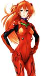  bangs blue_eyes bodysuit breasts closed_mouth commentary_request cowboy_shot eyebrows_visible_through_hair hair_between_eyes hair_ornament hands_on_hips headgear highres long_hair looking_at_viewer magai_akashi medium_breasts neon_genesis_evangelion orange_hair plugsuit red_bodysuit simple_background solo souryuu_asuka_langley tsurime two_side_up white_background 