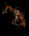  2017 abs angry anthro biceps big_muscles black_background black_fur claws clenched_teeth clothed clothing detailed_fur fangs feline fur hi_res looking_at_viewer male mammal muscular muscular_male neck_tuft open_mouth orange_fur pecs raised_arm shadow sharp_teeth signature simple_background solo stripes teeth thetigress tiger topless tuft whiskers white_fur yellow_eyes 
