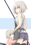  ahoge apron bangs bare_shoulders blush closed_mouth commentary_request cowboy_shot eyebrows_visible_through_hair fate/apocrypha fate/grand_order fate_(series) grey_eyes grey_hair hair_between_eyes hair_ribbon highres if_they_mated jeanne_d'arc_(alter)_(fate) jeanne_d'arc_(fate)_(all) looking_at_viewer mother_and_daughter multiple_girls ribbon saku_(kudrove) yellow_eyes 