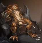  abs anthro armor balls belt big_balls big_penis bleats brown_skin chair claws clothing cum cum_on_feet cum_on_penis cum_string cumshot dinosaur ejaculation erection fur gauntlets gloves hi_res humanoid_penis male masturbation muscular muscular_male nude orgasm pecs penis sitting solo spread_legs spreading theropod thick_penis thick_thighsuncut throne tyler_(redmight) tyrannosaurus_rex vein 