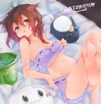 ahoge artist_name ass bangs barefoot bed_sheet blue_eyes bra braid breasts brown_hair bucket character_name cleavage cointreau collarbone commentary_request crossed_legs failure_penguin groin hair_between_eyes hair_flaps hair_ornament hair_over_shoulder hair_ribbon hairpin highres kantai_collection knee_up leg_up lips long_hair looking_at_viewer lying medium_breasts miss_cloud naughty_face navel on_back on_bed panties parted_lips pillow remodel_(kantai_collection) ribbon ribbon-trimmed_bra ribbon-trimmed_panties ribbon_trim shigure_(kantai_collection) single_braid smile soles solo strap_slip tears twitter_username underwear underwear_only 