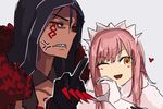  1girl anger_vein black_gloves blue_hair blush cu_chulainn_alter_(fate/grand_order) fate/grand_order fate_(series) gloves grey_background heart heart_hands i-pan lancer long_hair looking_at_viewer medb_(fate)_(all) medb_(fate/grand_order) middle_finger no_nose pink_hair red_eyes scowl sharp_teeth spiked_knuckles tattoo teeth tiara white_gloves yellow_eyes 