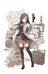  ascot backpack bag belt belt_pouch black_gloves black_hair boots brown_skirt cross-laced_footwear explosive full_body gloves grenade hand_up highres long_hair looking_at_viewer official_art open_mouth paper pile_of_books pipes pouch princess_principal princess_principal_game_of_mission purple_eyes schematics scroll skirt smile sophie_mackenzie standing suitcase thigh_boots thighhighs transparent_background valve watch 