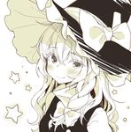  bangs blush bow braid closed_mouth eyebrows_visible_through_hair fang fang_out greyscale hair_between_eyes hair_bow hat hat_bow kirisame_marisa long_hair looking_at_viewer mirei monochrome side_braid single_braid smile solo star touhou upper_body white_background witch_hat 