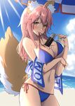  animal_ears beach beach_towel between_breasts bikini blue_bikini blush breasts commentary_request day fate/grand_order fate_(series) fox_ears fox_tail large_breasts long_hair looking_at_viewer masuishi_kinoto mouth_hold navel pink_hair solo swimsuit tail tamamo_(fate)_(all) tamamo_no_mae_(swimsuit_lancer)_(fate) towel yellow_eyes 