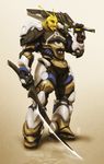  2011 5_fingers antennae anthro armor clothed clothing digital_media_(artwork) front_view full-length_portrait fydbac gastropod gradient_background hi_res holding_object holding_weapon male melee_weapon portrait reflection signature simple_background slug solo standing sword weapon yellow_body 