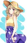  absurdres blonde_hair blush breasts commentary_request cup eyebrows_visible_through_hair floral_print hat heterochromia highres holding holding_cup idolmaster idolmaster_cinderella_girls looking_at_viewer medium_breasts mole mole_under_eye purple_skirt shirt short_hair skirt solo standing straw_hat sun_hat takagaki_kaede ukkii yellow_shirt 