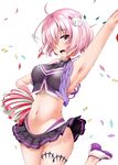  :d arm_up armpits bangs black_skirt blush character_doll cheer_for_master cheerleader confetti crop_top eyebrows_visible_through_hair fate/grand_order fate_(series) fou_(fate/grand_order) hair_ornament hair_over_one_eye hand_on_hip looking_at_viewer mash_kyrielight microskirt midriff navel open_mouth pink_eyes pink_hair pleated_skirt pom_poms shirosuzu shoes short_hair simple_background skirt smile sneakers solo thigh_strap thighs white_background white_footwear 
