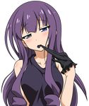  1girl anitore!_ex bangs bare_shoulders blue_eyes blush gloves heterochromia long_hair looking_at_viewer purple_hair solo tachibana_shion upper_body 